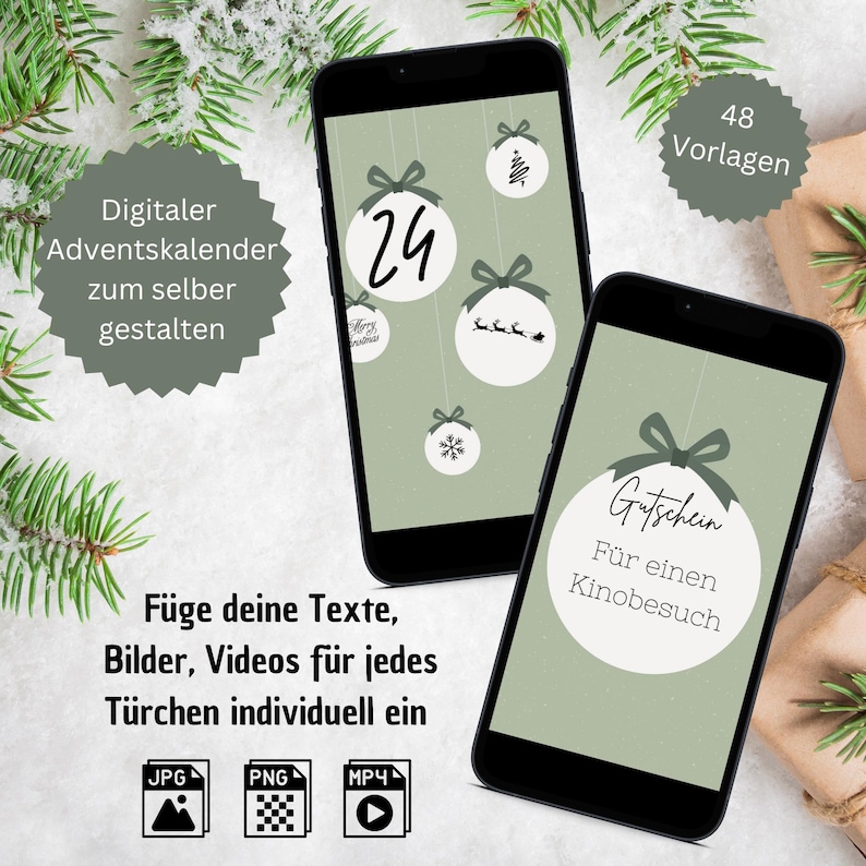 Türchen Advent Geschenk Weihnachten digital Adventskalender verschenken individuell eigene TExt Canva grün mint schlciht schwarz weiß kugel Weinachtsbaumkugeln schneeflocke rentier merry christmas