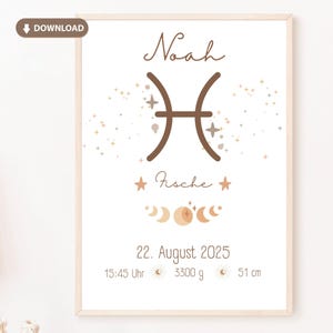 Nursery Baby Poster for birth zodiac sign Pisces: with birth data personalized digital image as download