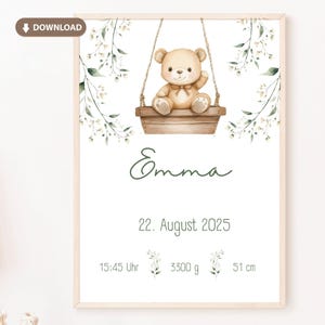 Neutrale babyposter voor geboortebeer: met geboortegegevens gepersonaliseerde digitale afbeelding als download om af te drukken voor meisjes of jongens
