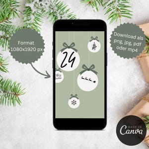 Pu&ograve; includere: Un'illustrazione digitale di un conto alla rovescia di Natale con uno sfondo verde e ornamenti bianchi. Gli ornamenti hanno diversi disegni, tra cui un fiocco di neve, un albero di Natale, una renna e il numero 24. Il testo "Download als png, jpg, pdf oder mp4" &egrave; nell'angolo in alto a destra dell'immagine. Il testo "MADE IN Canva" &egrave; nell'angolo in basso a destra dell'immagine.