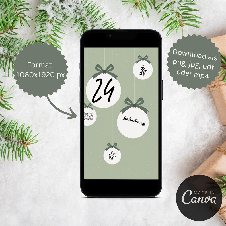 Pu&ograve; includere: Un'illustrazione digitale di un conto alla rovescia di Natale con uno sfondo verde e ornamenti bianchi. Gli ornamenti hanno diversi disegni, tra cui un fiocco di neve, un albero di Natale, una renna e il numero 24. Il testo "Download als png, jpg, pdf oder mp4" &egrave; nell'angolo in alto a destra dell'immagine. Il testo "MADE IN Canva" &egrave; nell'angolo in basso a destra dell'immagine.