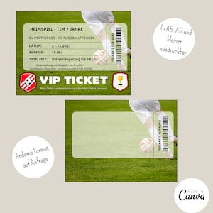 Puede incluir: Un boleto VIP verde y blanco para un partido de f&uacute;tbol. El boleto dice "Heimspiel - Tim 7 Jahre" y "SV Partyspass - FC Fussballfreunde". La fecha es 21.12.2023 y el inicio del partido es a las 15 horas. El partido se juega en Hauptstr. 34, Frankfurt. El boleto se puede imprimir en A5, A6 y tama&ntilde;os m&aacute;s peque&ntilde;os.