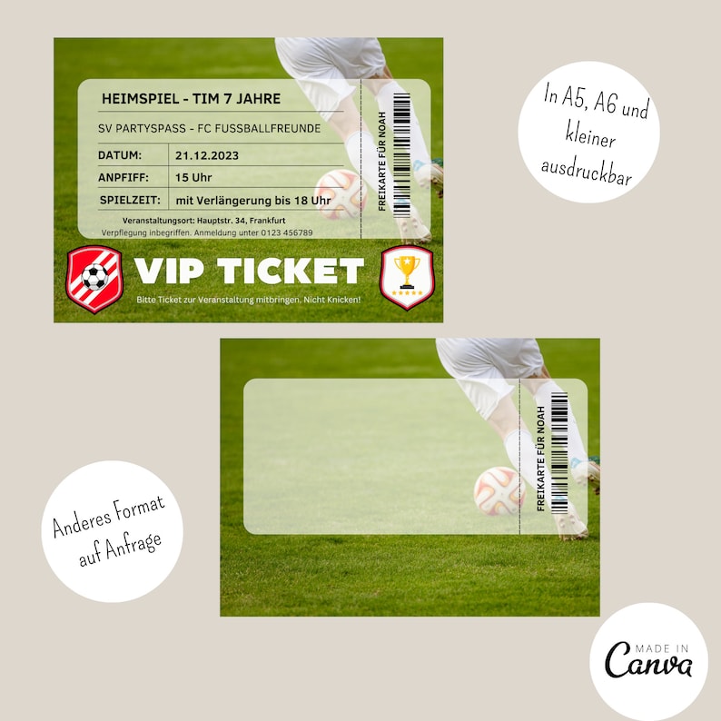 Puede incluir: Un boleto VIP verde y blanco para un partido de f&uacute;tbol. El boleto dice "Heimspiel - Tim 7 Jahre" y "SV Partyspass - FC Fussballfreunde". La fecha es 21.12.2023 y el inicio del partido es a las 15 horas. El partido se juega en Hauptstr. 34, Frankfurt. El boleto se puede imprimir en A5, A6 y tama&ntilde;os m&aacute;s peque&ntilde;os.