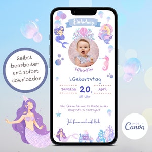 1. Geburtstag Einladung Kindergeburtstag Meerjungfrau Geburtstag Einladung Mädchen personalisiert eCard Foto digital Karte Meerjungfrau DIY