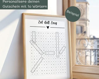 May include: A black and white printable word search puzzle with the title "Zeit statt Zeug" and a heart symbol. The puzzle is framed in a light wood frame.