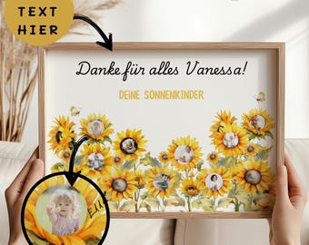 Könnte beinhalten: Ein gerahmter Druck mit einem Sonnenblumen-Design und Fotos. Der Text lautet "Danke für alles Vanessa!" und "DEINE SONNENKINDER". Der Druck wird von einer Person gehalten.