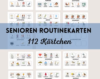 Peut inclure: Ensemble de cartes illustrées en allemand, conçues pour les personnes âgées. Les cartes représentent des routines et activités quotidiennes avec des icônes et du texte. Le titre "SENIOREN ROUTINEKARTEN" est affiché en gros caractères.