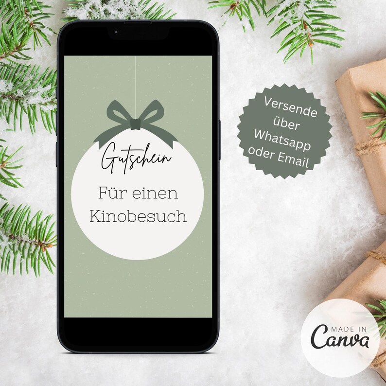Pu&ograve; includere: Uno schermo di telefono digitale che mostra un buono regalo di Natale verde e bianco per un biglietto del cinema. Il testo sul buono regalo dice "Gutschein f&uuml;r einen Kinobesuch" e "Versende &uuml;ber Whatsapp oder Email".