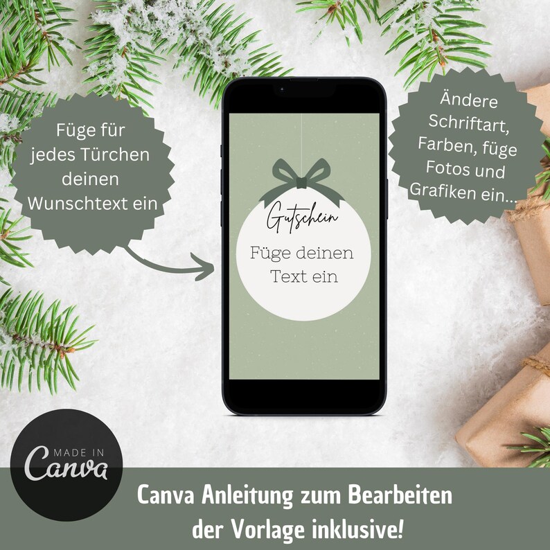 Pu&ograve; includere: Un mockup di schermo del telefono verde e bianco con un modello di buono regalo a tema natalizio. Il modello presenta un ornamento verde e bianco con la parola "Gutschein" (tedesco per "buono regalo") e il testo "F&uuml;ge deinen Text ein" (tedesco per "Aggiungi il tuo testo"). Il testo "&Auml;ndere Schriftart, Farben, f&uuml;ge Fotos und Grafiken ein..." (tedesco per "Cambia carattere, colori, aggiungi foto e grafica...") &egrave; anche visibile sullo schermo.