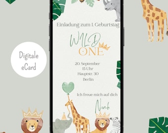 Invitación de WhatsApp de Wild One para un primer cumpleaños Safari Tarjeta electrónica personalizada Tarjeta de safari digital de Wild One para cumpleaños infantiles Animales