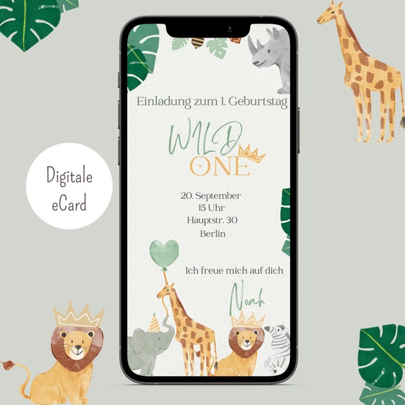 Wild one WhatsApp Einladung zum 1. Geburtstag Safari personalisierbare eCard Wild one digitale Safari Karte für den Kindergeburtstag Tiere