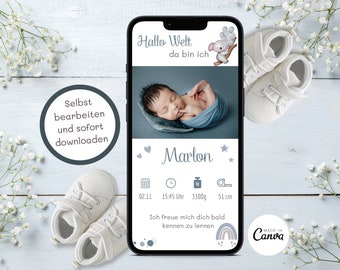 Geburt Junge Geburtsanzeige WhatsApp Geburtsanzeige personalisiert Geburtsverkündung Geburtsankündigung Geburt Verkünden Baby Ankündigung