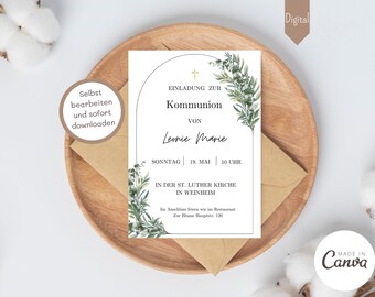 May include: White card with a green floral border and a gold cross. The text reads "Einladung zur Kommunion von Leonie Marie Sonntag 19. Mai 10 Uhr In der St. Luther Kirche in Weinheim Im Anschluss feiern wir im Restaurant Zur Blume Hauptstr. 120"