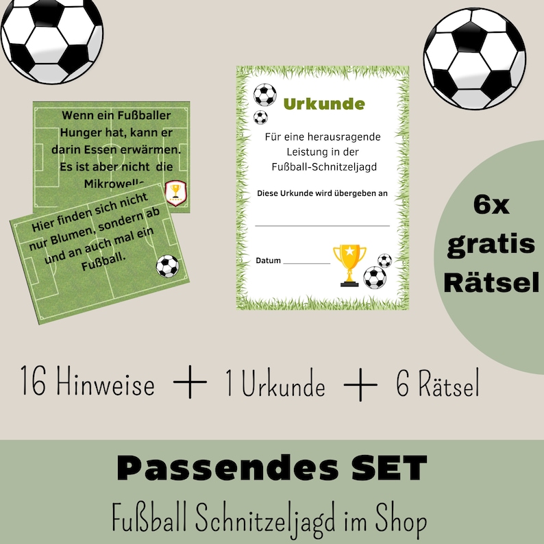 Puede incluir: Un conjunto imprimible verde y blanco para una b&uacute;squeda del tesoro de f&uacute;tbol. El conjunto incluye 16 pistas, 1 certificado y 6 acertijos. El texto en el certificado dice "Urkunde" y "F&uuml;r eine herausragende Leistung in der Fu&szlig;ball-Schnitzeljagd". El texto en la tarjeta de pista dice "Wenn ein Fu&szlig;baller Hunger hat, kann er darin Essen erw&auml;rmen. Es ist aber nicht die Mikrowell- Hier finden sich nicht nur Blumen, sondern ab und an auch mal ein Fu&szlig;ball."