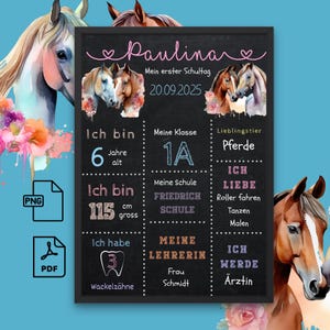 Cadeau d'inscription scolaire personnalisé écolier retour à l'école fille jalon tableau affiche décoration tableau chevaux numérique
