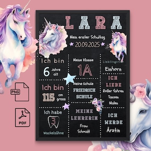 Cadeau d'inscription scolaire personnalisé écolier commence l'école retour à l'école fille jalon tableau affiche décoration tableau licorne affiche numérique