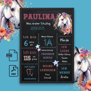 May include: A chalkboard sign featuring a unicorn illustration with floral embellishments. The sign reads "PAULINA" and includes details such as "My first day of school", "20.09.2025", "I am 6 years old", "I am 115 cm tall", "My class is 1A", "My school is FRIEDRICH SCHULE", "My favourite animal is horses", "I love riding a scooter, dancing, and drawing", "My teacher is Frau Schmidt", "I want to be a doctor".