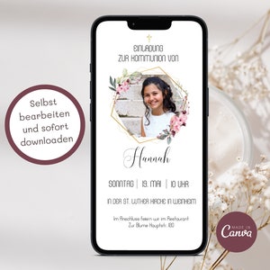 Einladung Kommunion Einladung digitale Kommunionseinladung MädchenEinladungskarten Kommunion Whatsapp personalisiert Einladung eCard DIY
