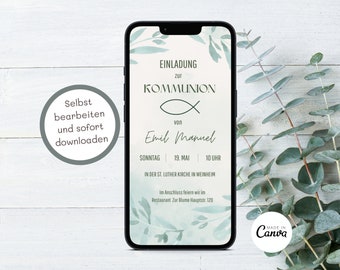 May include: A digital invitation for a Communion celebration with a green leafy background. The invitation reads "Einladung zur Kommunion von Emil Manuel Sonntag 19. Mai 10 Uhr In der St. Luther Kirche in Weinheim Im Anschluss feiern wir im Restaurant Zur Blume Hauptstr. 120"