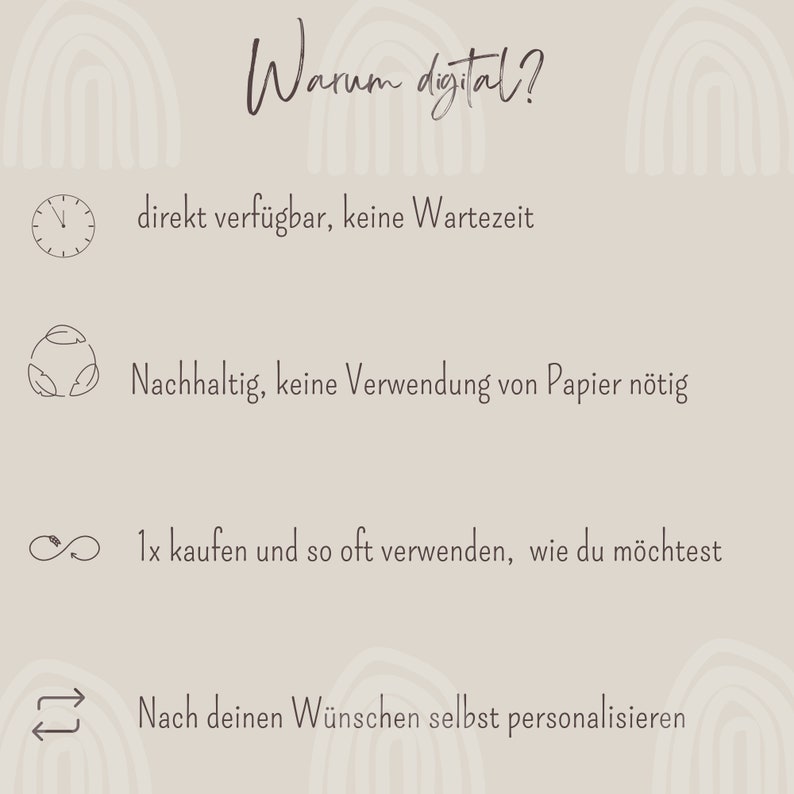 May include: A graphic with the text "Warum digital?" and four reasons why digital products are better: instant access, sustainable, reusable, and customizable. The graphic features icons for each reason.
