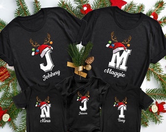 Christmas Custom Name Initial Shirt, Family Christmas Shirts, Xmas Matching Pajama, Christmas Group Tee, Personalized Christmas Couple Shirt