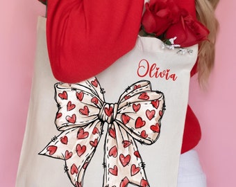 Valentines Heart Bow Tote Bag, Custom Name, Coquette Gift