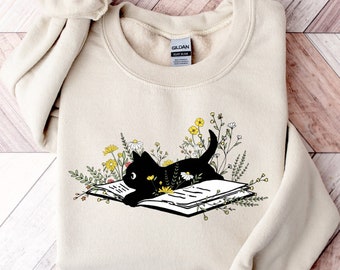 Cute Cat Book Sweatshirt, Bookish Sweatshirt, Book Lover Shirt, Gift for Cat Lover, Librarian Gift, Floral Cat Shirt, Cat Mom, Black Cat