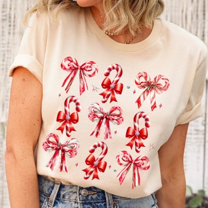 Coquette Christmas Candy Cane Shirt, Christmas Candy Cane Bow Sweater, Candy Cane Crew Tees, Merry Christmas, Holiday Season, Christmas Gift