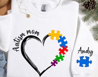 Personalized Autism Mom Sweater: Kids Name Sleeve, Autism Awareness
