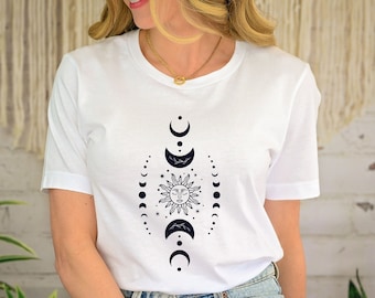 Mystic Moon Phase Shirt: Boho Celestial Sun Tee