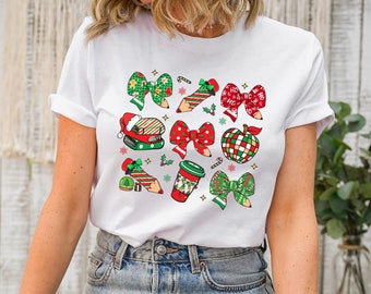 Cute Christmas Teacher T-Shirt, Pencil Bow, Coquette Style