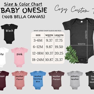 K&ouml;nnte beinhalten: Gr&ouml;&szlig;entabelle f&uuml;r Baby-Bodys aus 100% Bella Canvas Stoff. Die Tabelle zeigt die Breite und L&auml;nge in Zoll f&uuml;r die Gr&ouml;&szlig;en 3-6 Monate, 6-12 Monate, 12-18 Monate und 18-24 Monate. Die Bodys sind in verschiedenen Farben erh&auml;ltlich, darunter Schwarz, Wei&szlig;, Rosa, Rotbraun, Hellgrau, Columbia Blau, Rotbraun, Sportgrau und Dunkelgrau.