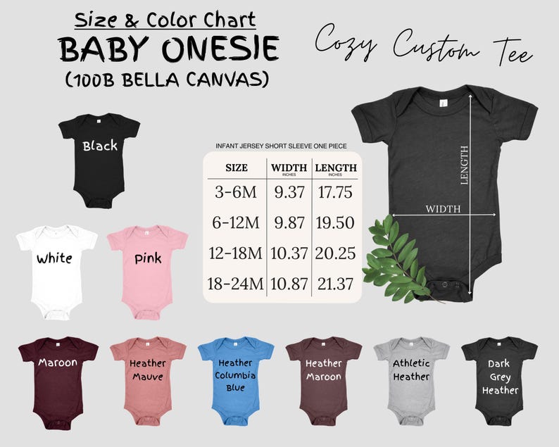 K&ouml;nnte beinhalten: Gr&ouml;&szlig;entabelle f&uuml;r Baby-Bodys aus 100% Bella Canvas Stoff. Die Tabelle zeigt die Breite und L&auml;nge in Zoll f&uuml;r die Gr&ouml;&szlig;en 3-6 Monate, 6-12 Monate, 12-18 Monate und 18-24 Monate. Die Bodys sind in verschiedenen Farben erh&auml;ltlich, darunter Schwarz, Wei&szlig;, Rosa, Rotbraun, Hellgrau, Columbia Blau, Rotbraun, Sportgrau und Dunkelgrau.