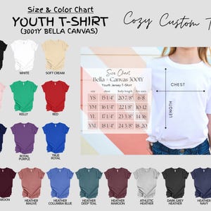 K&ouml;nnte beinhalten: Eine Gr&ouml;&szlig;en- und Farbtabelle f&uuml;r T-Shirts f&uuml;r Jugendliche aus Bella + Canvas 3001Y Stoff. Die Tabelle zeigt verschiedene Farben von T-Shirts, darunter Schwarz, Wei&szlig;, Creme, Rosa, Kellygr&uuml;n, Rot, Marine, K&ouml;nigsblau, Royalblau, Rotbraun, Helllila, Hellblau, Dunkelblau, Rotbraun, Sportgrau, Dunkelgrau und Dunkelblau. Die Tabelle enth&auml;lt auch Gr&ouml;&szlig;eninformationen f&uuml;r Jugendgr&ouml;&szlig;en YS, YM, YL und YXL mit entsprechenden Brust- und K&ouml;rperl&auml;ngenma&szlig;en in Zoll.