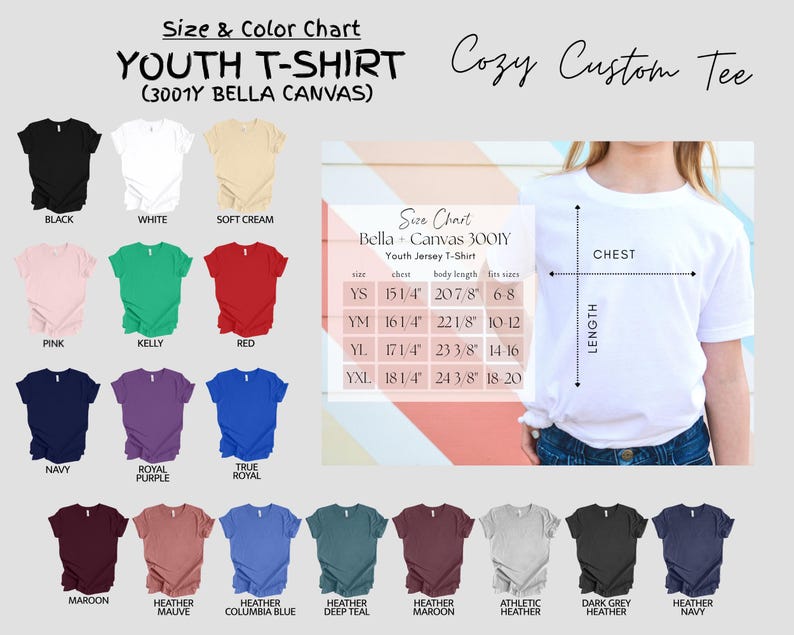 K&ouml;nnte beinhalten: Eine Gr&ouml;&szlig;en- und Farbtabelle f&uuml;r T-Shirts f&uuml;r Jugendliche aus Bella + Canvas 3001Y Stoff. Die Tabelle zeigt verschiedene Farben von T-Shirts, darunter Schwarz, Wei&szlig;, Creme, Rosa, Kellygr&uuml;n, Rot, Marine, K&ouml;nigsblau, Royalblau, Rotbraun, Helllila, Hellblau, Dunkelblau, Rotbraun, Sportgrau, Dunkelgrau und Dunkelblau. Die Tabelle enth&auml;lt auch Gr&ouml;&szlig;eninformationen f&uuml;r Jugendgr&ouml;&szlig;en YS, YM, YL und YXL mit entsprechenden Brust- und K&ouml;rperl&auml;ngenma&szlig;en in Zoll.