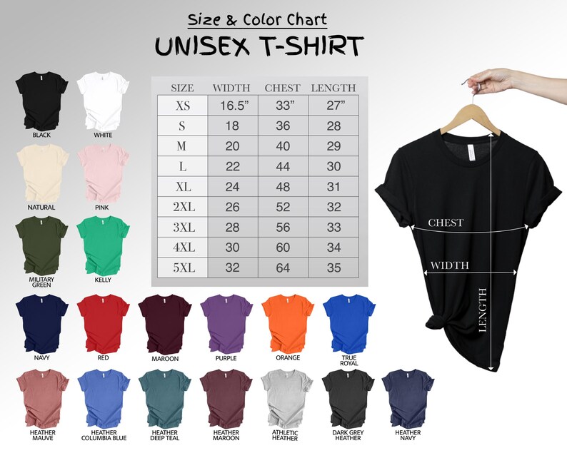 May include: A black unisex t-shirt hanging on a wooden hanger, with a size and color chart. The chart lists sizes XS to 5XL, with measurements in inches for width, chest, and length. Various t-shirt colors are displayed, including black, white, and navy.