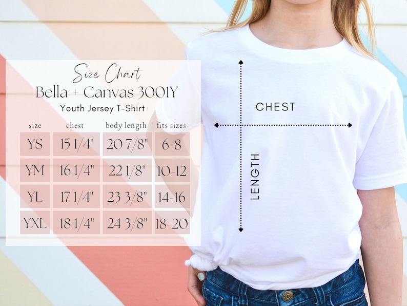May include: Size chart for Bella + Canvas 3001Y youth jersey t-shirts. The chart shows sizes YS, YM, YL, and YXL with corresponding chest and body length measurements in inches, and the age range each size fits.