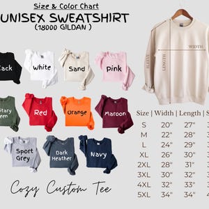 K&ouml;nnte beinhalten: Gr&ouml;&szlig;entabelle f&uuml;r Unisex-Sweatshirts in verschiedenen Farben, darunter Schwarz, Wei&szlig;, Sand, Rosa, Milit&auml;rgr&uuml;n, Rot, Orange, Maroon, Sportgrau, Dunkelgrau meliert und Marineblau. Die Tabelle zeigt die Breite, L&auml;nge und &Auml;rmell&auml;nge in Zoll f&uuml;r die Gr&ouml;&szlig;en S bis 5XL.