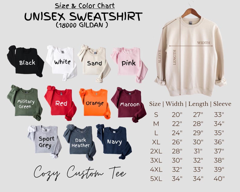 K&ouml;nnte beinhalten: Gr&ouml;&szlig;entabelle f&uuml;r Unisex-Sweatshirts in verschiedenen Farben, darunter Schwarz, Wei&szlig;, Sand, Rosa, Milit&auml;rgr&uuml;n, Rot, Orange, Maroon, Sportgrau, Dunkelgrau meliert und Marineblau. Die Tabelle zeigt die Breite, L&auml;nge und &Auml;rmell&auml;nge in Zoll f&uuml;r die Gr&ouml;&szlig;en S bis 5XL.