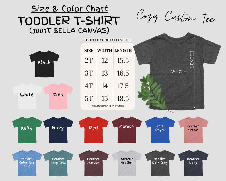 Peut inclure: Tableau des tailles et des couleurs pour les t-shirts pour tout-petits en tissu Bella Canvas 3001T. Le tableau indique les mesures de largeur et de longueur en pouces pour les tailles 2T, 3T, 4T et 5T. Le tableau montre &eacute;galement une vari&eacute;t&eacute; de couleurs, notamment le noir, le blanc, le rose, le vert kelly, le bleu marine, le rouge, le marron, le bleu royal, le mauve chin&eacute;, le bleu columbia chin&eacute;, le bleu sarcelle chin&eacute;, le marron chin&eacute;, le chin&eacute; athl&eacute;tique, le gris fonc&eacute; chin&eacute; et le bleu marine chin&eacute;.