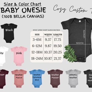 May include: Size chart for baby onesies made from 100% Bella Canvas fabric. The chart shows the width and length measurements in inches for sizes 3-6 months, 6-12 months, 12-18 months, and 18-24 months. The onesies are available in a variety of colors, including black, white, pink, maroon, heather mauve, heather columbia blue, heather maroon, athletic heather, and dark grey heather.