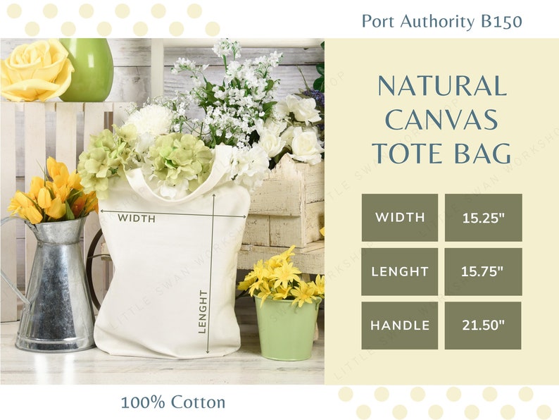 K&ouml;nnte beinhalten: Eine wei&szlig;e Canvas-Tragetasche mit dem Text "NATURAL CANVAS TOTE BAG" und den Ma&szlig;en: Breite 38,7 cm, L&auml;nge 40 cm, Griff 54,6 cm. Die Tasche ist aus 100 % Baumwolle.