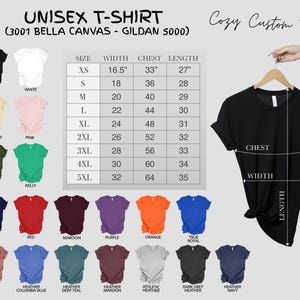 May include: Unisex t-shirt mockup showing different colors and sizes. The size chart shows width, chest, and length measurements in inches. The text "Cozy Custom Tee" is visible at the top of the image.