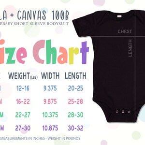 May include: Size chart for baby bodysuits, showing measurements in inches and pounds. The chart lists sizes from 3-6 months to 18-24 months, with corresponding weight, width, and length measurements.