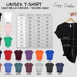 May include: Unisex t-shirt mockup showing different colors and sizes. The size chart shows width, chest, and length measurements in inches. The text "Cozy Custom Tee" is visible at the top of the image.