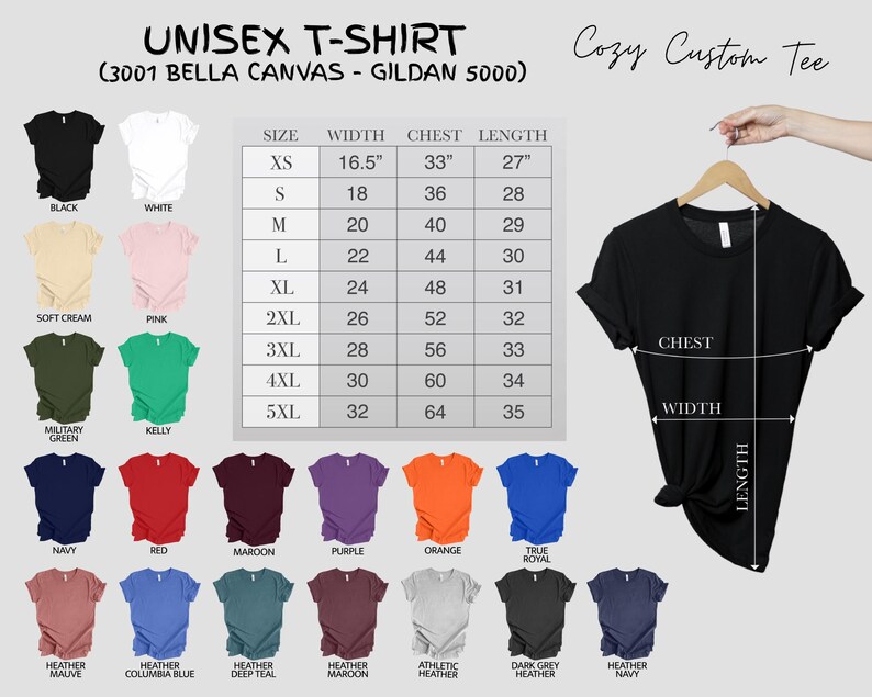 May include: Unisex t-shirt mockup showing different colors and sizes. The size chart shows width, chest, and length measurements in inches. The text "Cozy Custom Tee" is visible at the top of the image.