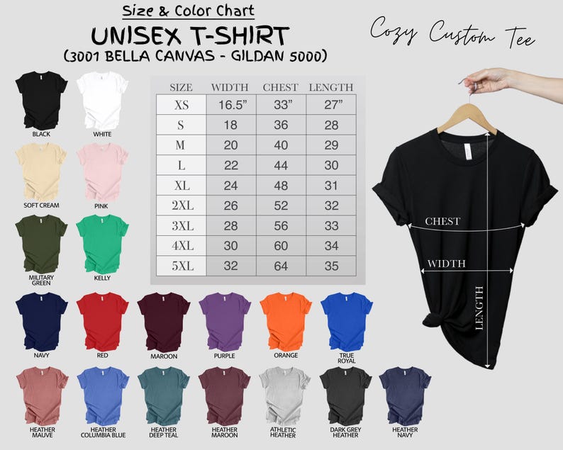 K&ouml;nnte beinhalten: Unisex-T-Shirt Gr&ouml;&szlig;entabelle mit Farbmustern. Die Tabelle zeigt die Gr&ouml;&szlig;en XS bis 5XL mit den entsprechenden Ma&szlig;en f&uuml;r Breite, Brustumfang und L&auml;nge in Zoll. Die Farbmuster umfassen Schwarz, Wei&szlig;, Soft Cream, Pink, Milit&auml;rgr&uuml;n, Kellygr&uuml;n, Marineblau, Rot, Maroon, Lila, Orange, True Royal, Heather Mauve, Heather Columbia Blue, Heather Deep Teal, Heather Maroon, Athletic Heather, Dark Grey Heather und Heather Navy.