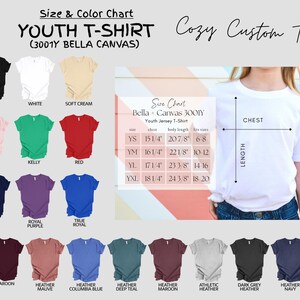 Peut inclure: Un tableau des tailles et des couleurs pour les t-shirts pour enfants fabriqu&eacute;s en tissu Bella + Canvas 3001Y. Le tableau montre diff&eacute;rentes couleurs de t-shirts, notamment noir, blanc, cr&egrave;me doux, rose, vert kelly, rouge, marine, violet royal, bleu royal, marron, mauve chin&eacute;, bleu columbia chin&eacute;, bleu sarcelle chin&eacute;, marron chin&eacute;, gris chin&eacute; athl&eacute;tique, gris fonc&eacute; chin&eacute; et bleu marine chin&eacute;. Le tableau comprend &eacute;galement des informations sur les tailles pour les tailles enfants YS, YM, YL et YXL, avec les mesures de poitrine et de longueur du corps correspondantes en pouces.