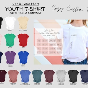 May include: A size and color chart for youth t-shirts made from Bella + Canvas 3001Y fabric. The chart shows different colors of t-shirts, including black, white, soft cream, pink, kelly green, red, navy, royal purple, true royal, maroon, heather mauve, heather columbia blue, heather deep teal, heather maroon, athletic heather, dark grey heather, and heather navy. The chart also includes a size guide with chest and body length measurements in inches.