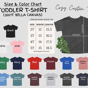 K&ouml;nnte beinhalten: Gr&ouml;&szlig;en- und Farbtabelle f&uuml;r Kleinkind-T-Shirts aus Bella Canvas 3001T Stoff. Die Tabelle zeigt die Breite und L&auml;nge in Zoll f&uuml;r die Gr&ouml;&szlig;en 2T, 3T, 4T und 5T. Die Tabelle zeigt auch eine Vielzahl von Farben, darunter Schwarz, Wei&szlig;, Rosa, Kellygr&uuml;n, Marineblau, Rot, Weinrot, Royalblau, Heidekraut-Mauve, Heidekraut-Columbia-Blau, Heidekraut-Tiefblau, Heidekraut-Weinrot, Athletik-Heidekraut, Heidekraut-Dunkelgrau und Heidekraut-Marineblau.